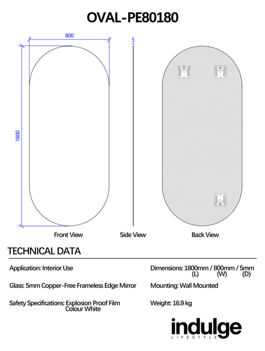 Oval 800 x 1800 Polished Edge Mirror