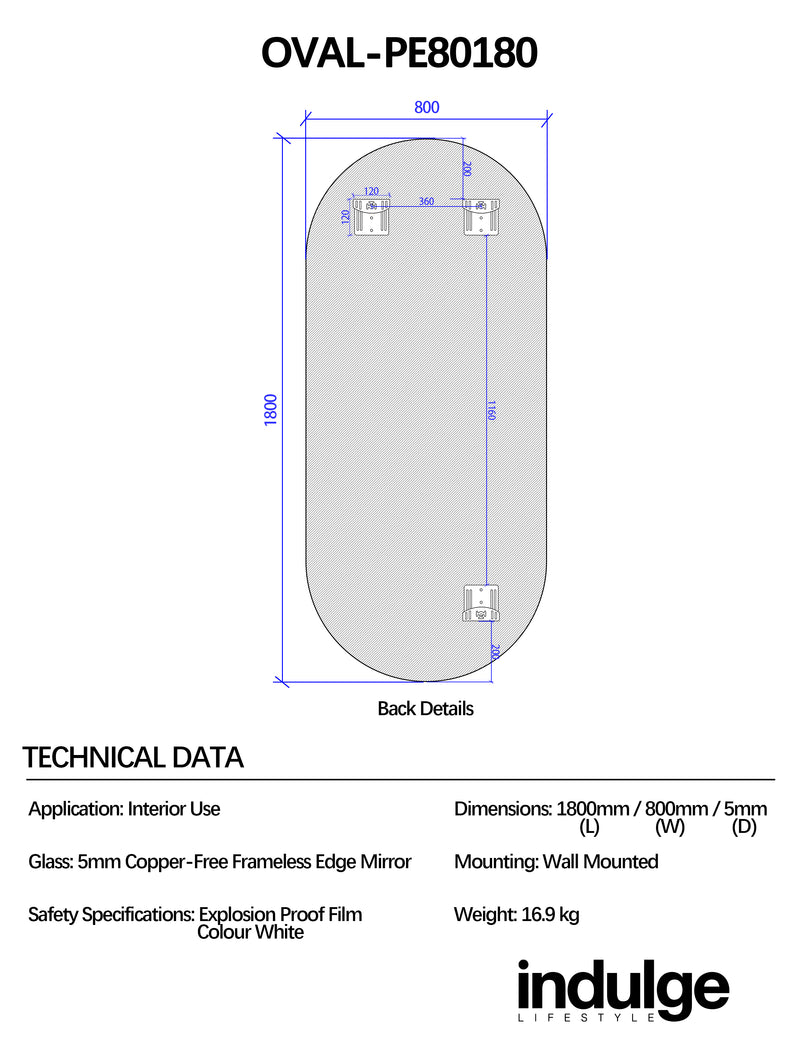 Oval 800 x 1800 Polished Edge Mirror