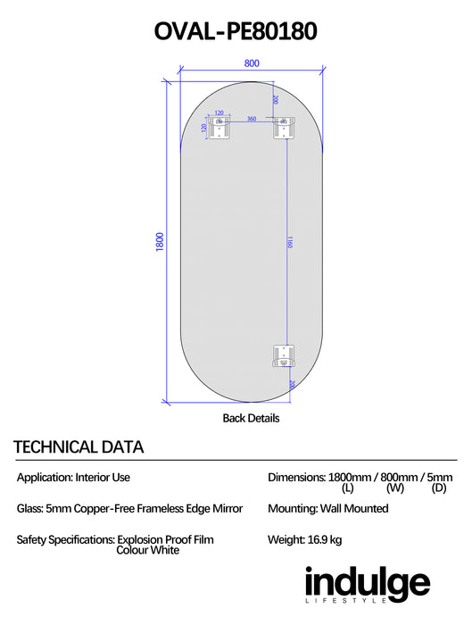 Oval 800 x 1800 Polished Edge Mirror