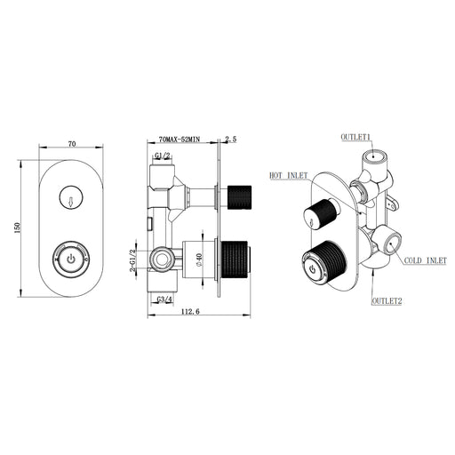 Payten Chrome Push Wall Diverter Mixer - Acqua Bathrooms