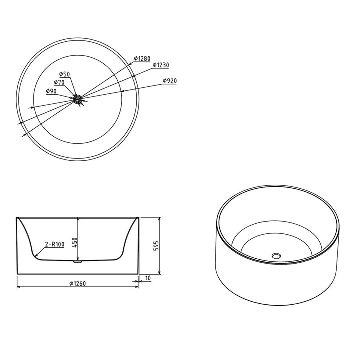 Ravella 1280mm Gloss White Round Freestanding Bath Tub - Acqua Bathrooms