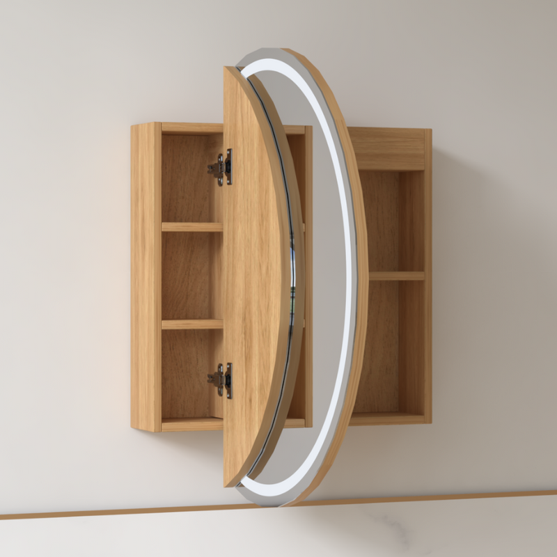 Round LED 800 x 800mm Light Walnut Shaving Cabinet