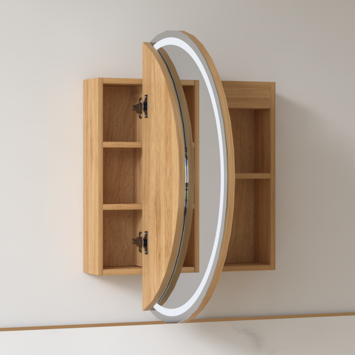 Round LED 800 x 800mm Light Walnut Shaving Cabinet