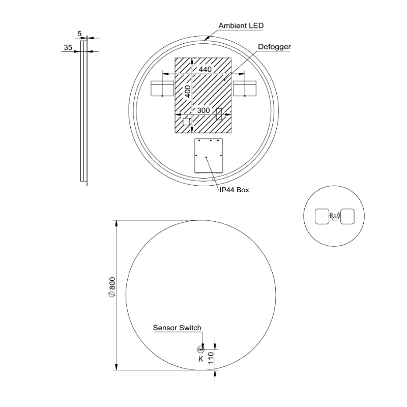 Round 800mm Frameless LED Mirror - Touchless Motion Sensor - Acqua Bathrooms