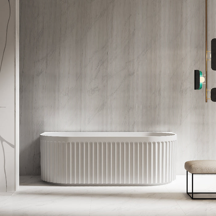 Artemis Fluted 1500mm Matte White Back to Wall Designer Round Freestanding Bath - Acqua Bathrooms