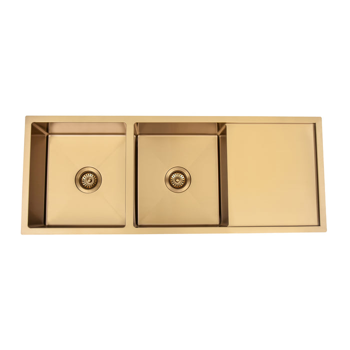 Brushed Gold 1150 x 450 x 230mm Double Bowl Kitchen Sink With Drainer - Acqua Bathrooms