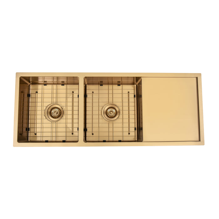 Brushed Gold 1150 x 450 x 230mm Double Bowl Kitchen Sink With Drainer - Acqua Bathrooms