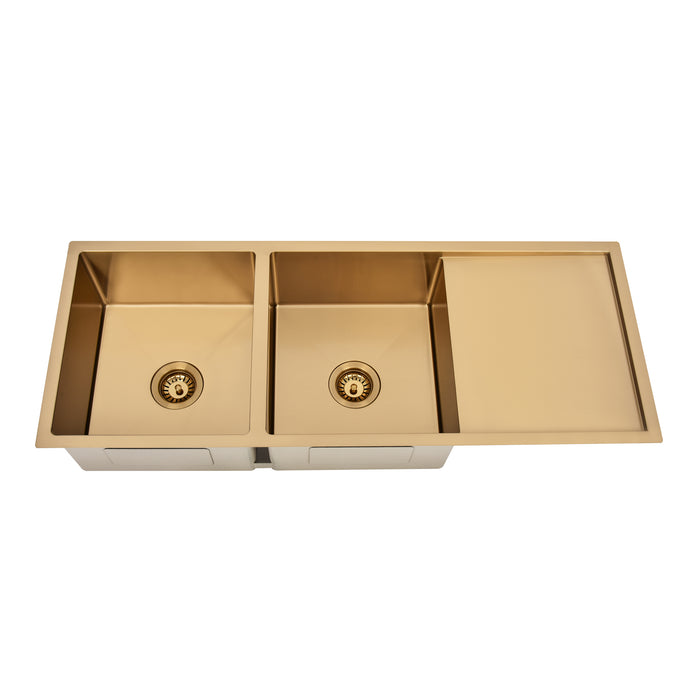 Brushed Gold 1150 x 450 x 230mm Double Bowl Kitchen Sink With Drainer - Acqua Bathrooms