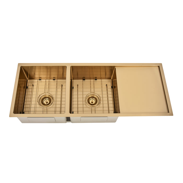 Brushed Gold 1150 x 450 x 230mm Double Bowl Kitchen Sink With Drainer - Acqua Bathrooms