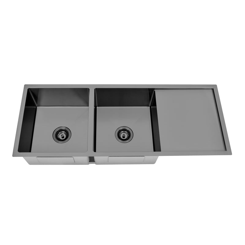 Brushed Gun Metal 1150 x 450 x 230mm Double Bowl Kitchen Sink With Drainer - Acqua Bathrooms