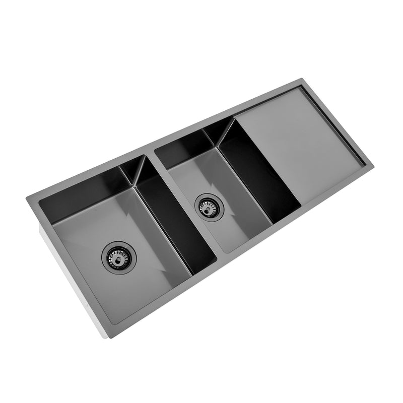 Brushed Gun Metal 1150 x 450 x 230mm Double Bowl Kitchen Sink With Drainer - Acqua Bathrooms