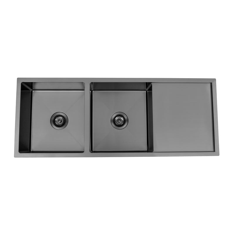 Brushed Gun Metal 1150 x 450 x 230mm Double Bowl Kitchen Sink With Drainer - Acqua Bathrooms