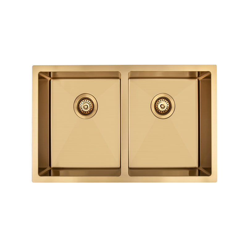 Brushed Gold 750 x 450 x 230mm Double Bowl Kitchen Sink - Acqua Bathrooms