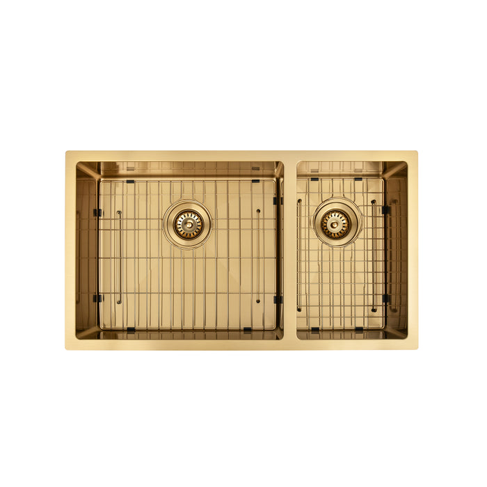 Brushed Gold 800 x 450 x 230mm 1 & 1/2 Double Bowl Kitchen Sink - Acqua Bathrooms