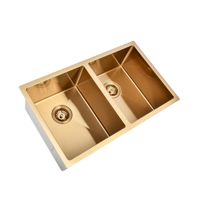 Brushed Gold 800 x 450 x 230mm Double Bowl Kitchen Sink - Acqua Bathrooms