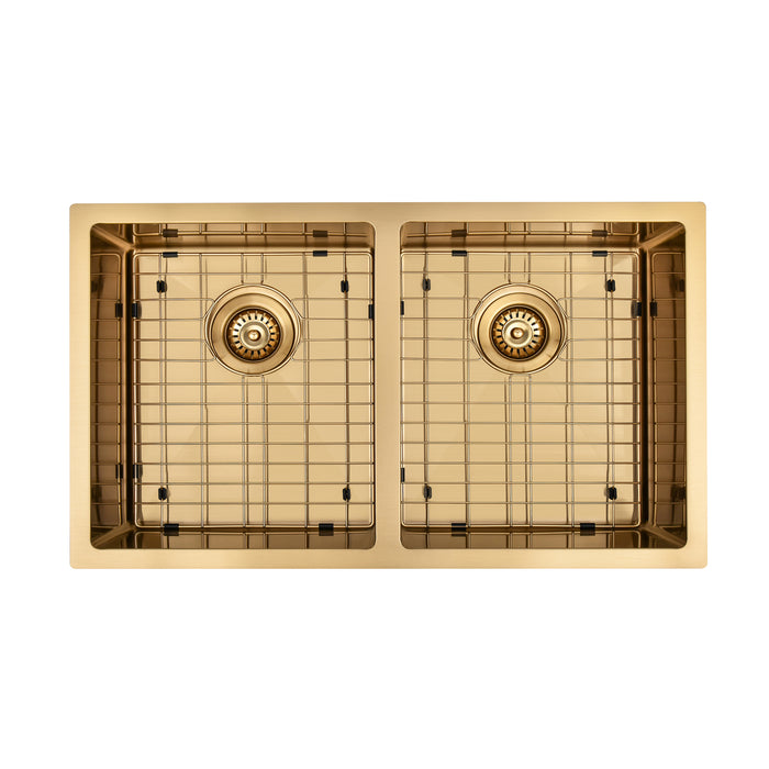 Brushed Gold 850 x 450 x 230mm Double Bowl Kitchen Sink - Acqua Bathrooms