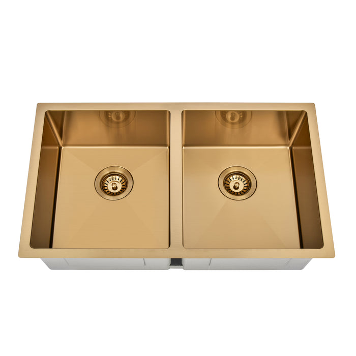 Brushed Gold 850 x 450 x 230mm Double Bowl Kitchen Sink - Acqua Bathrooms