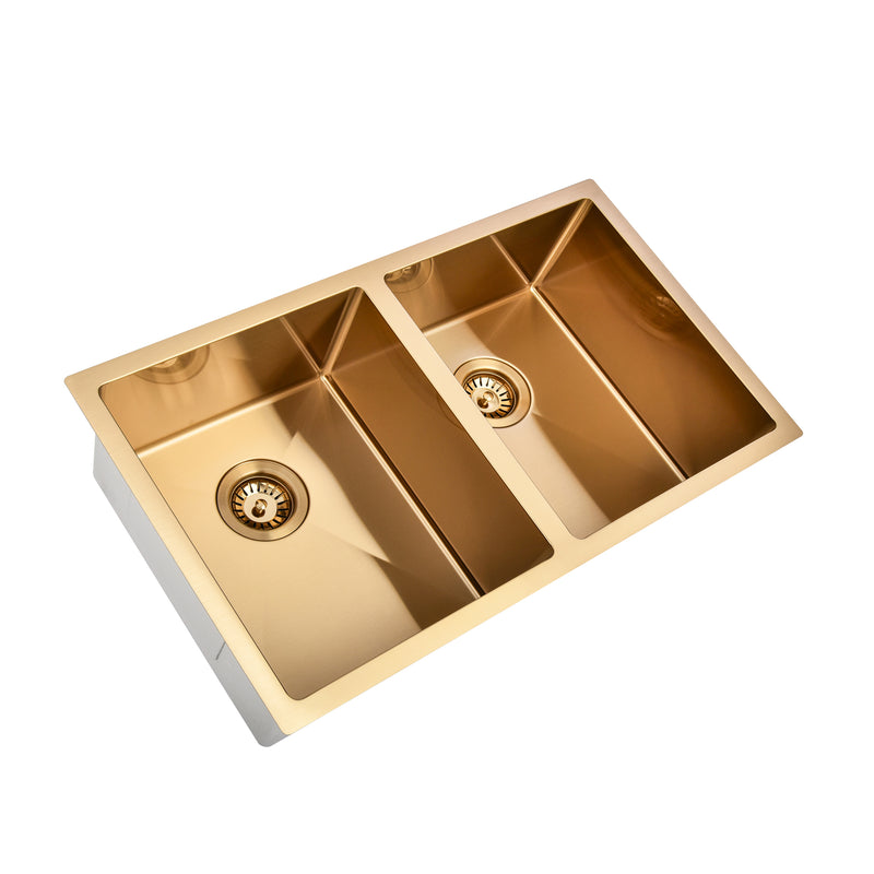 Brushed Gold 850 x 450 x 230mm Double Bowl Kitchen Sink - Acqua Bathrooms