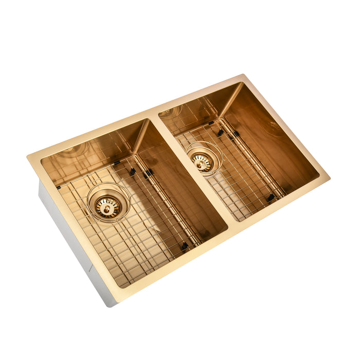 Brushed Gold 850 x 450 x 230mm Double Bowl Kitchen Sink - Acqua Bathrooms