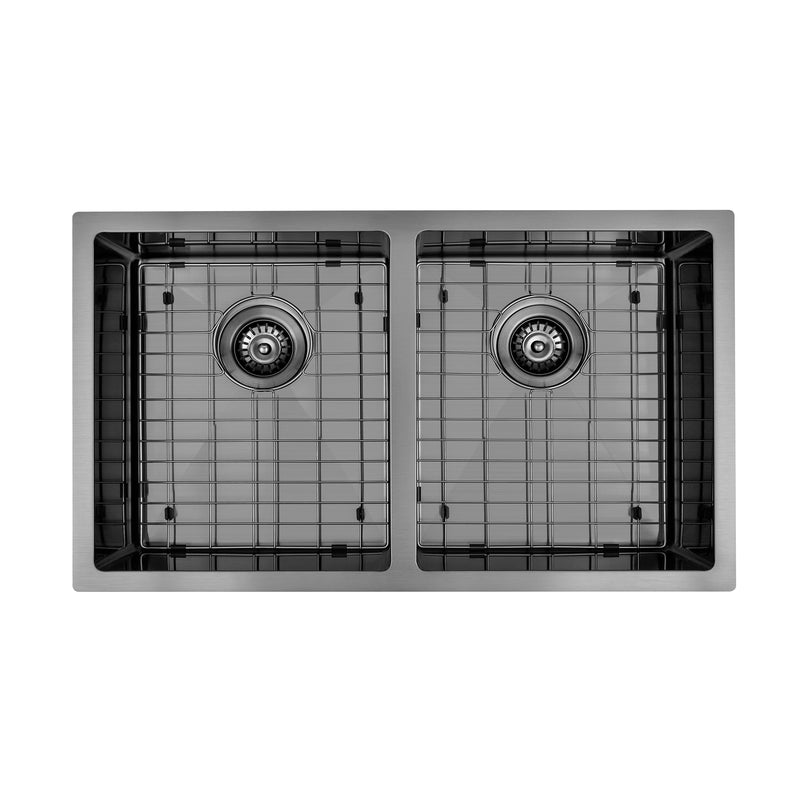 Brushed Gun Metal 850 x 450 x 230mm Double Bowl Kitchen Sink - Acqua Bathrooms