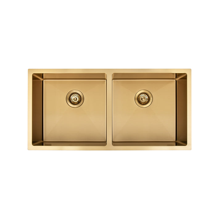 Brushed Gold 900 x 450 x 230mm Double Bowl Kitchen Sink - Acqua Bathrooms