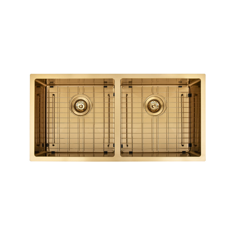 Brushed Gold 900 x 450 x 230mm Double Bowl Kitchen Sink - Acqua Bathrooms