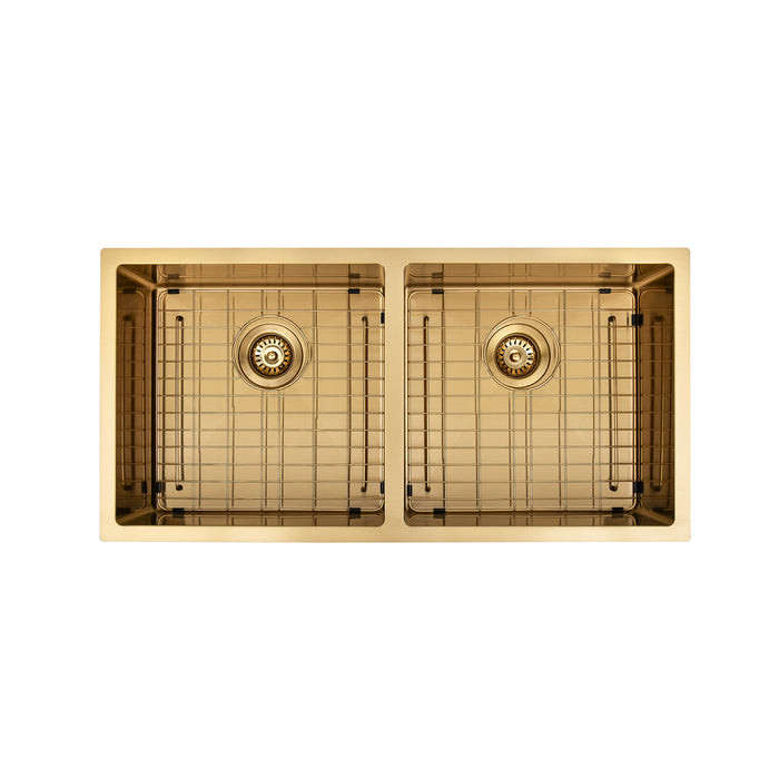 Brushed Gold 900 x 450 x 230mm Double Bowl Kitchen Sink - Acqua Bathrooms