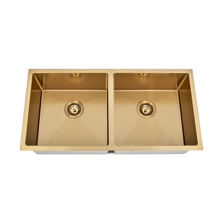 Brushed Gold 900 x 450 x 230mm Double Bowl Kitchen Sink - Acqua Bathrooms