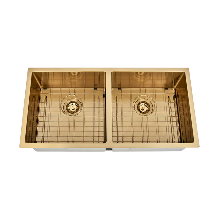 Brushed Gold 900 x 450 x 230mm Double Bowl Kitchen Sink - Acqua Bathrooms