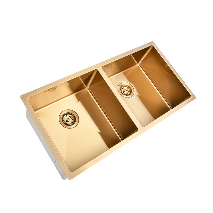 Brushed Gold 900 x 450 x 230mm Double Bowl Kitchen Sink - Acqua Bathrooms