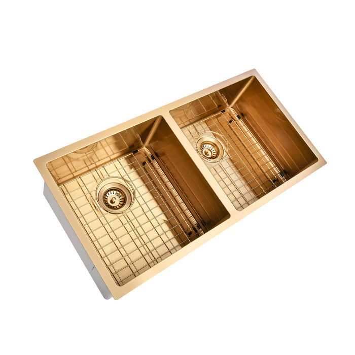 Brushed Gold 900 x 450 x 230mm Double Bowl Kitchen Sink - Acqua Bathrooms