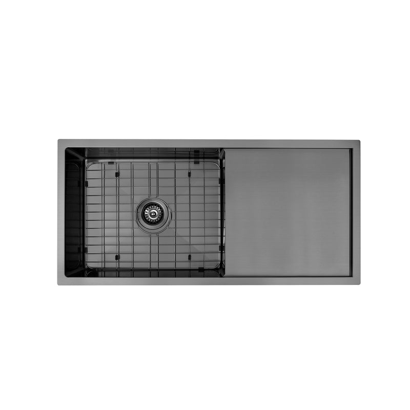 Brushed Gun Metal 950 x 450 x 230mm Single Bowl Kitchen Sink With Drainer - Acqua Bathrooms
