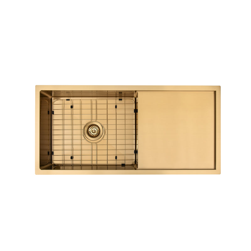 Brushed Gold 950 x 450 x 230mm Single Bowl Kitchen Sink With Drainer - Acqua Bathrooms