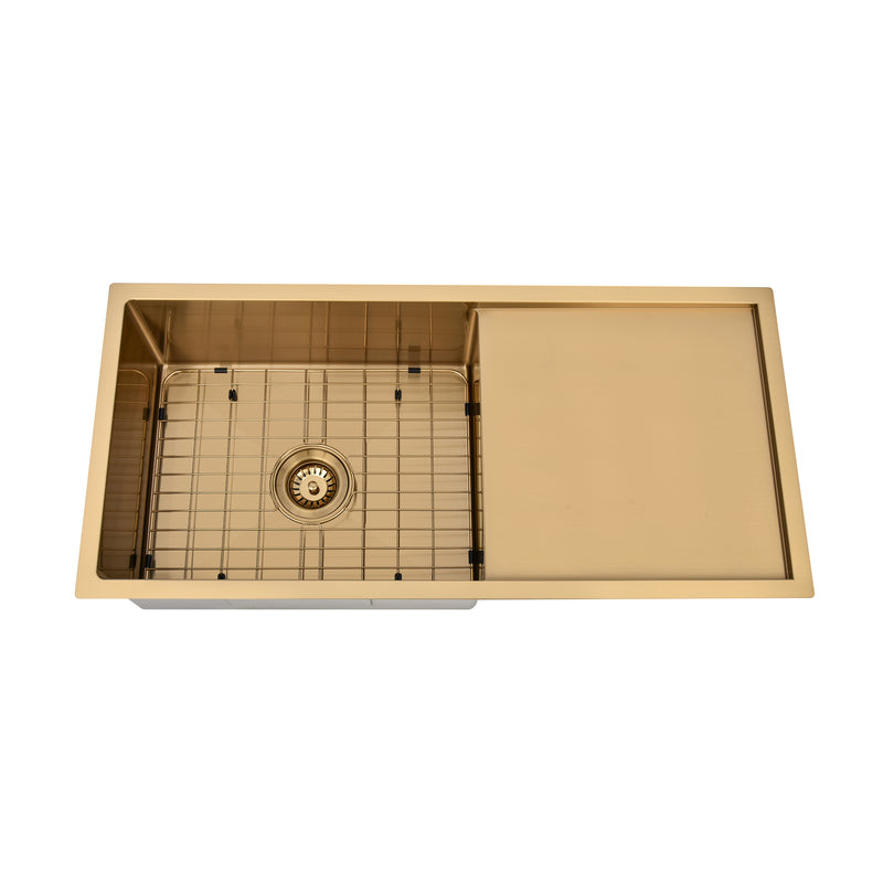 Brushed Gold 950 x 450 x 230mm Single Bowl Kitchen Sink With Drainer - Acqua Bathrooms