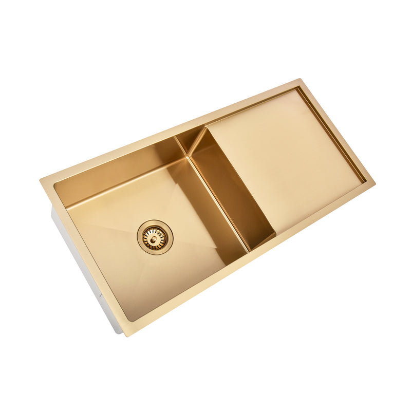 Brushed Gold 950 x 450 x 230mm Single Bowl Kitchen Sink With Drainer - Acqua Bathrooms