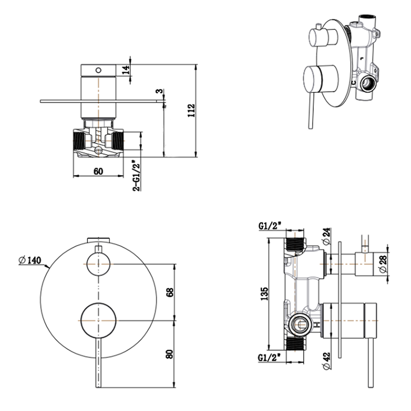 Mica Brushed Nickel Shower Mixer Diverter - 1P - Trim Kit Only