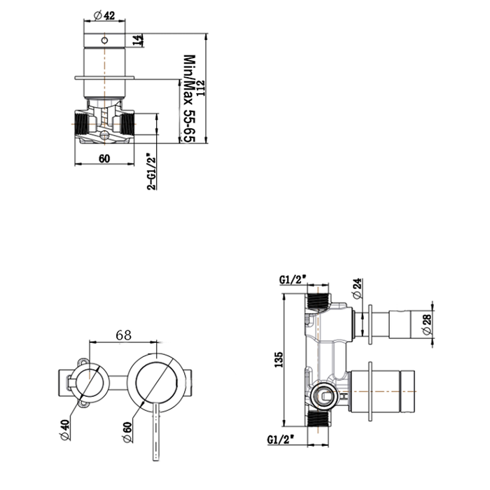 Mica French Gold Shower Mixer Diverter - Sideways - Trim Kit Only