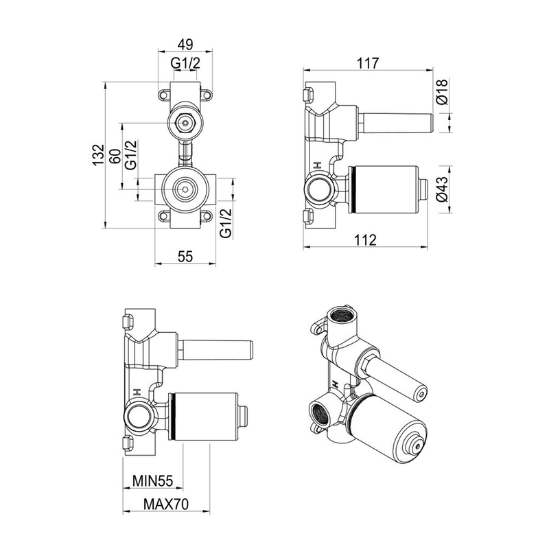 Tiago & Beki Wall Mixer Diverter - Body Only