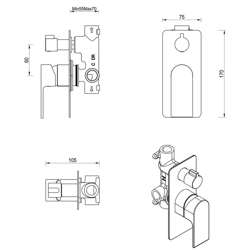Beki Matte Black Shower Mixer Diverter - 1P - Trim Kit Only