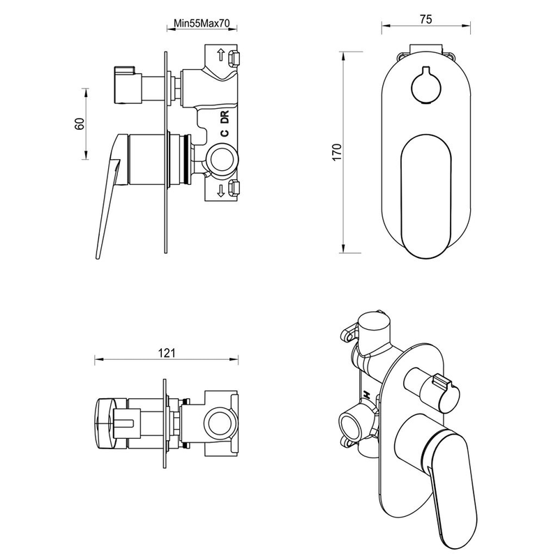Lantra Matte Black Shower Mixer Diverter - 1P - Trim Kit Only