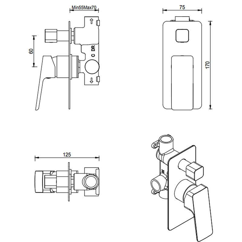 Tiago French Gold Shower Mixer Diverter - Trim Kit Only