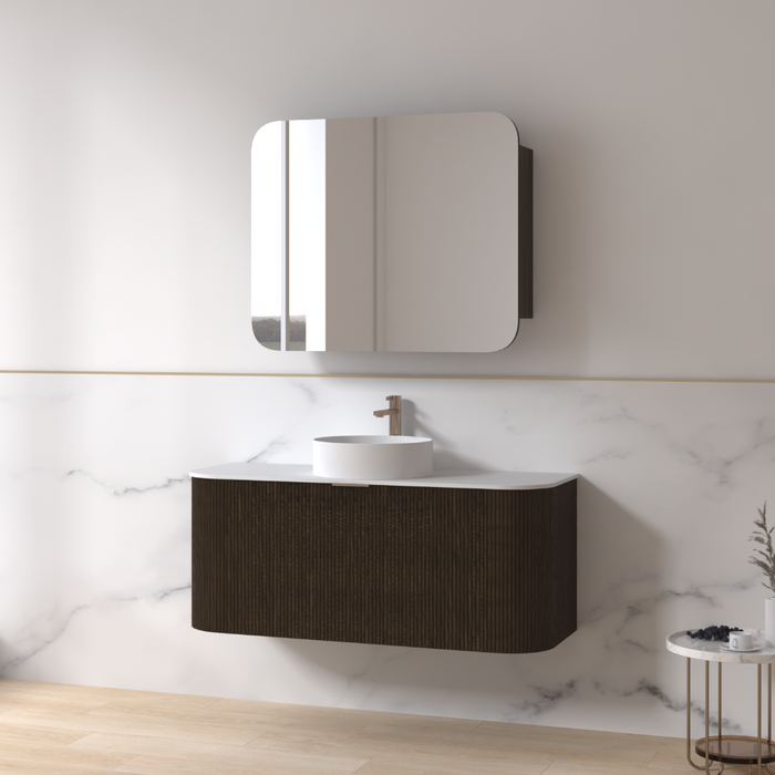 Siena 1200 Curved Fluted Black Walnut Wall Hung Vanity - Acqua Bathrooms