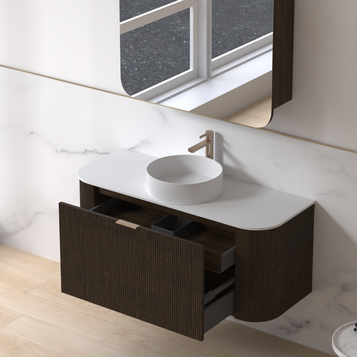 Siena 1200 Curved Fluted Black Walnut Wall Hung Vanity - Acqua Bathrooms