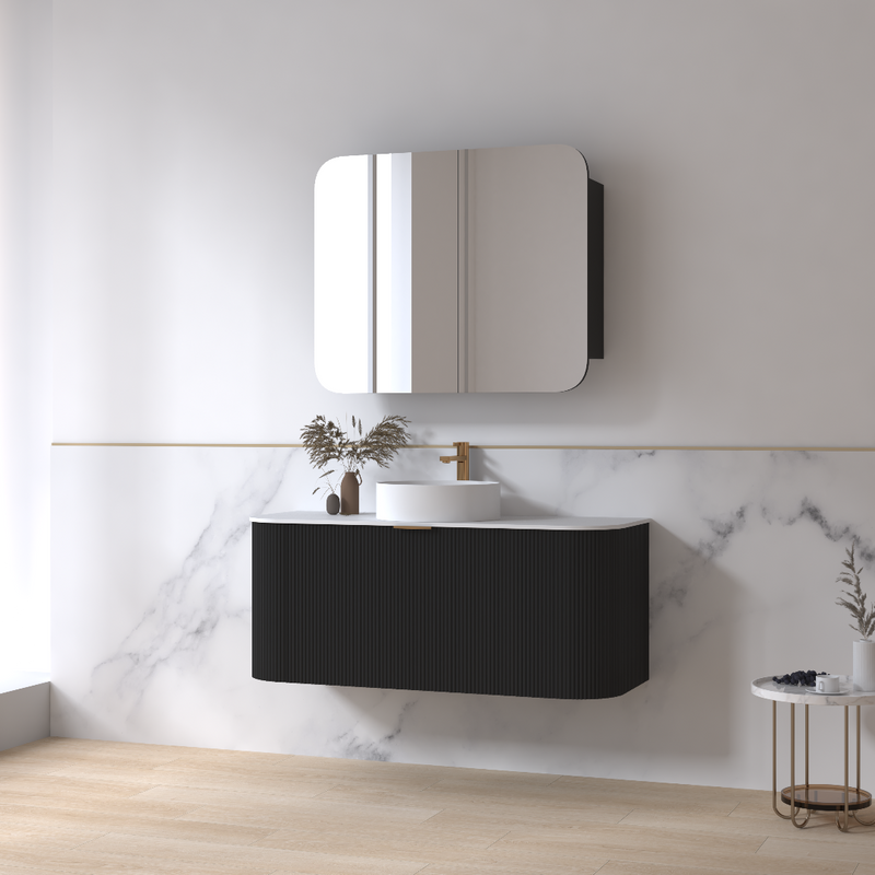 Siena 1200 Curved Fluted Matte Black Wall Hung Vanity - Acqua Bathrooms