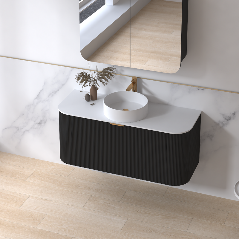Siena 1200 Curved Fluted Matte Black Wall Hung Vanity - Acqua Bathrooms