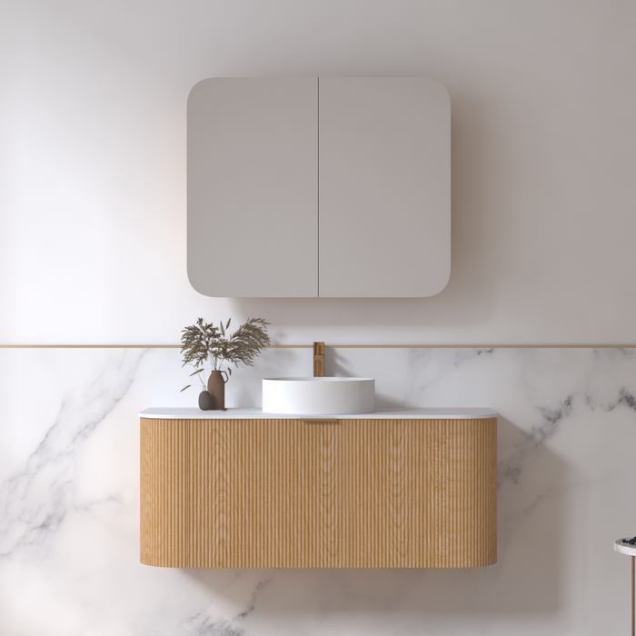 Siena 1200 Curved Light Walnut Fluted Wall Hung Vanity - Acqua Bathrooms