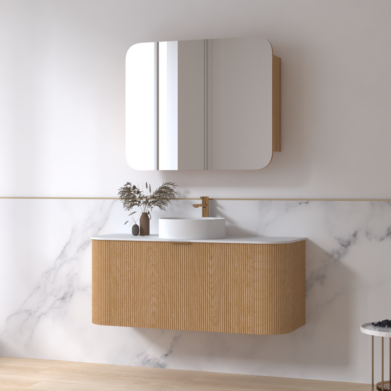Siena 1200 Curved Light Walnut Fluted Wall Hung Vanity - Acqua Bathrooms