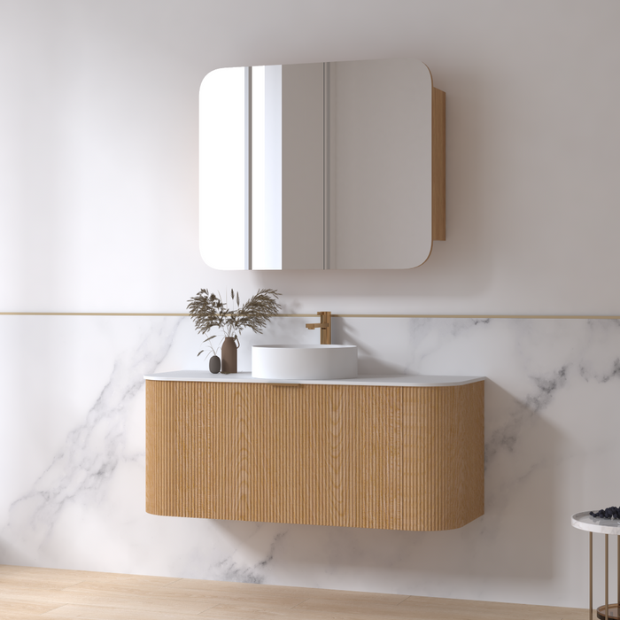 Siena 1200 Curved Light Walnut Fluted Wall Hung Vanity - Acqua Bathrooms