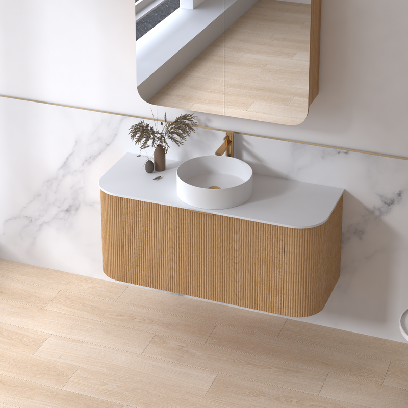 Siena 1200 Curved Light Walnut Fluted Wall Hung Vanity - Acqua Bathrooms
