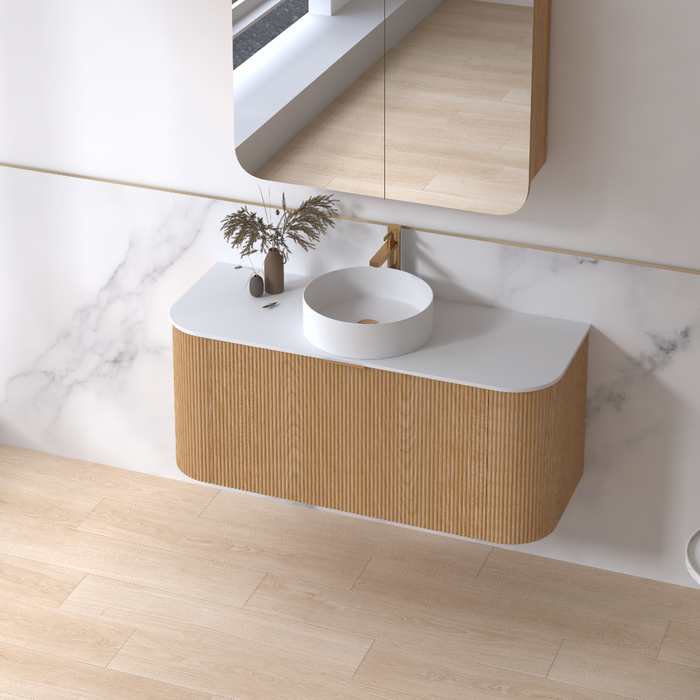 Siena 1200 Curved Light Walnut Fluted Wall Hung Vanity - Acqua Bathrooms
